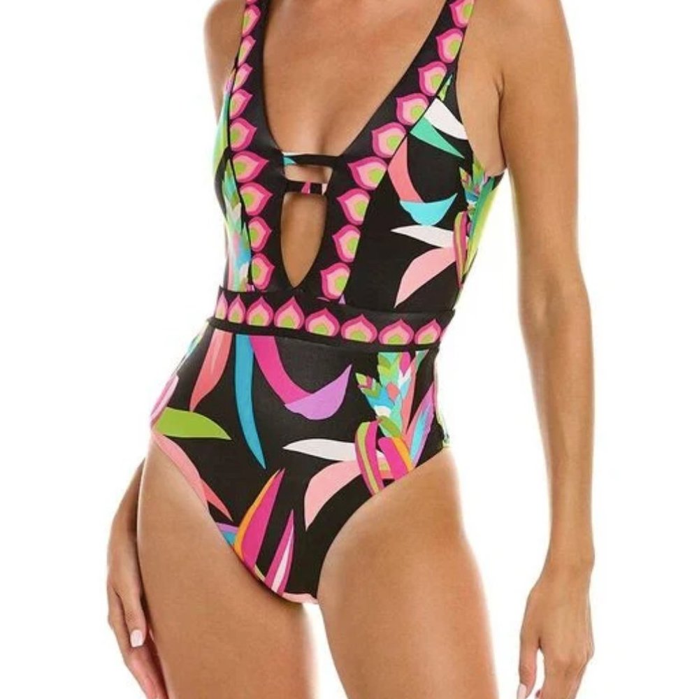New! Trina Turk Birds of Paradise Plunge One-Piece Swimsuit Women's Size 14 - Picture 4 of 9